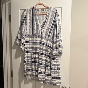 Navy and White Patterned V-Neck Dress